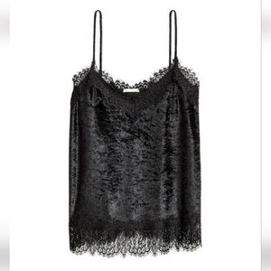 H&M Women's Cami Black Velvet Lace Trim Spaghetti Strap Sz Large Whimsy Romantic